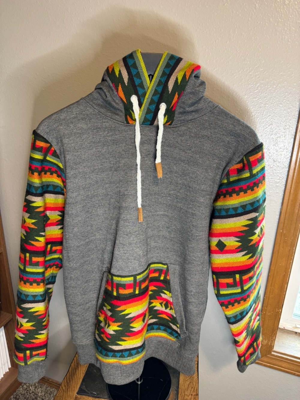 Men’s or Women’s Gray Hoodie with Multicolor Aztec Knit Panels
